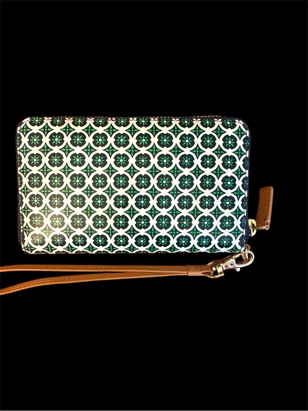 Tory Burch Green Patterned Wristlet Wallet with Tan Strap